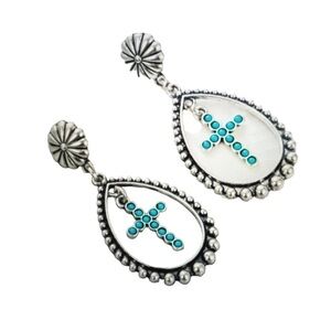 Retro cross water droplets turquoise women’s drop pierced earrings.